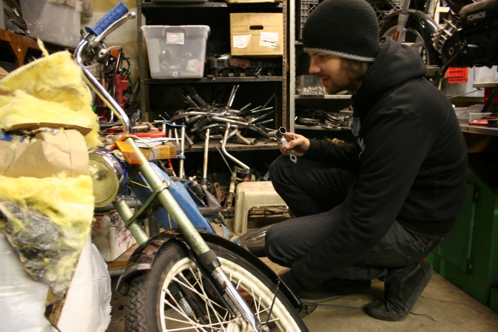 Terrance was unsatisfied by his other two running bikes so hes building a moped Hippy would be proud of. And he can lock it up outside his house in the rain. $50 invested.